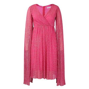 Detailed view of hot pink pleated V-neck evening dress with elegant cape sleeves