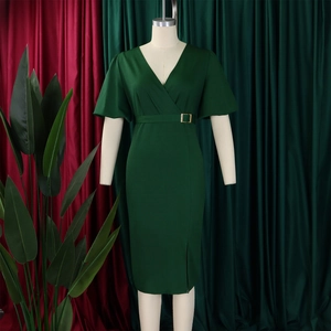 Detail of V-neck dark green dress with gold buckle belt and ruffled sleeves