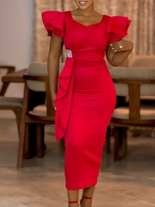 Elegant red bodycon dress with ruffle sleeves and sparkling rhinestone buckle detail