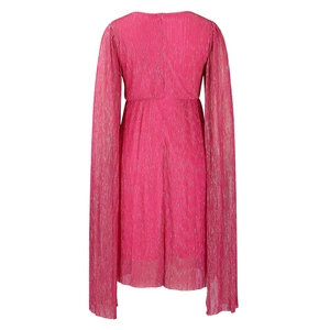 Detailed back view of pleated metallic fuchsia evening gown with dramatic cape sleeves