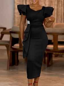 Elegant black V-neck bodycon midi dress with ruffled sleeves and crystal buckle