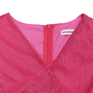 Detail of elegant pink metallic V-neck evening dress with cross front and invisible zipper
