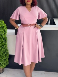 Pink V-neck dress with ruffle short sleeves, leather belt and a pleated A-line silhouette