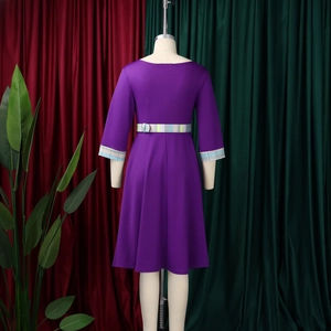 Back view of elegant purple A-line dress with colorful plaid patchwork details