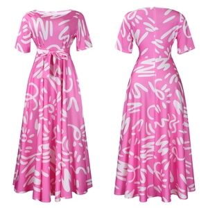 Detailed front and back view of a pink African print maxi dress with a waist tie belt