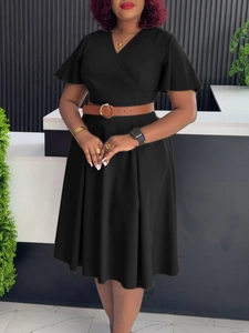 Chic black V-neck A-line dress with ruffle sleeves and brown ring belt for women