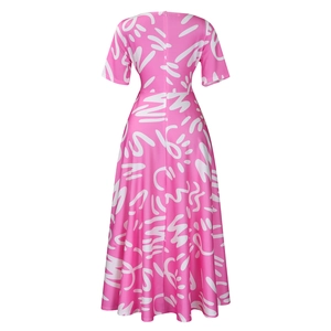Detailed back view of the pink A-line maxi dress with white abstract graffiti print