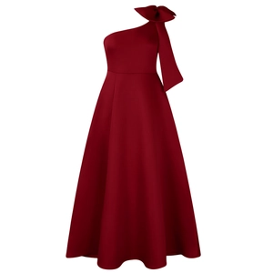 Detail of elegant one-shoulder evening gown with large bow in burgundy red