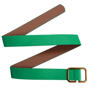 Detail of green leather belt with a golden square buckle and brown lining on white background