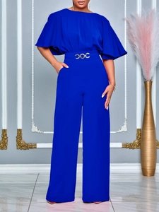 Elegant Klein blue wide-leg jumpsuit with ruffle sleeves and gold ring belt detail