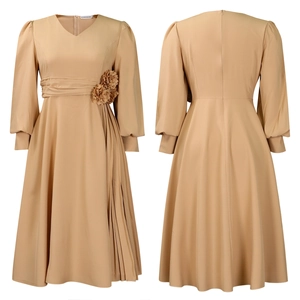 Detailed front and back view of camel V-neck pleated midi dress with floral waist belt