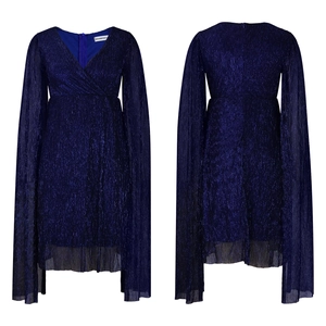 Detail view of navy blue pleated dress with V-neck and elegant long split cape sleeves