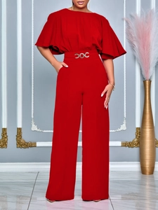 Elegant red wide-leg jumpsuit with ruffle cape sleeves and silver waist ornament