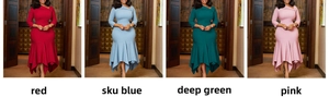 Collage of elegant off-shoulder dresses in red, sky blue, deep green, and pink shades