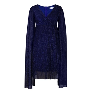 Detail of royal blue V-neck dress featuring shimmering pleated metallic silk fabric