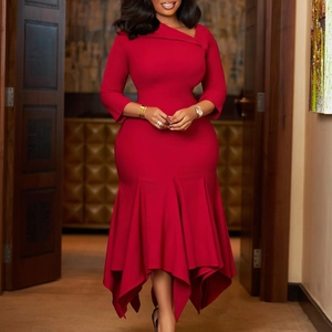 Detail of elegant wine red asymmetric neck dress with 3/4 sleeves and fishtail hemline