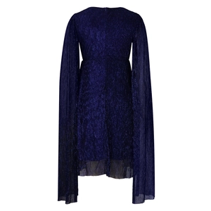Macro view of the shiny pleated fabric texture and long cape sleeve detail on the dress