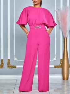 Elegant rose red high waist wide leg jumpsuit with round neck and ruffled short sleeves