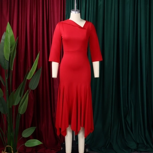 Detail of red asymmetrical collar and 3/4 sleeves on elegant high waist midi dress