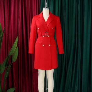 Detailed view of red double-breasted dress with silver metal buttons and waist belt