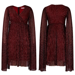 Detail of burgundy V-neck pleated evening dress with metallic glitter and cape sleeves