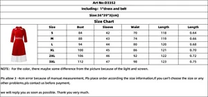 Detailed size chart for the long sleeve patchwork pleated A-line dress with belt