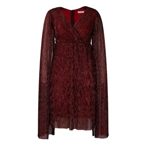 Detail of elegant V-neck wine red dress with metallic sheen and unique cape sleeves