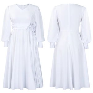 Macro detail of white V-neck dress with high waist pleats and floral waist ornament