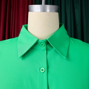 Close-up of bright green shirt dress with pointed collar and matching resin buttons