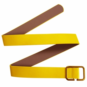 Close-up of a wide bright yellow leather belt with a vintage gold square metal buckle