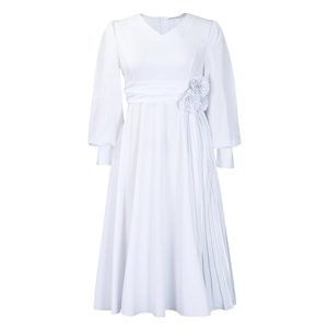 Detail of white V-neck dress with 3D floral accents and elegant pleated waist design