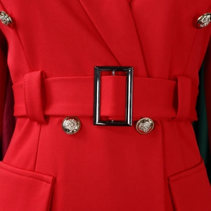 Detailed macro view of the red blazer dress featuring gold embossed heraldic buttons