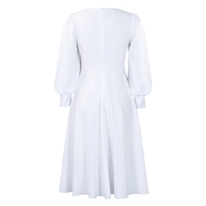 Detail view of the back of a white long-sleeve dress with invisible zipper and A-line cut