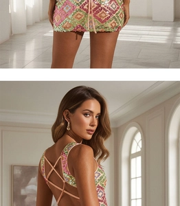 Detailed view of colorful sequin mini dress with cross back straps and geometric pattern
