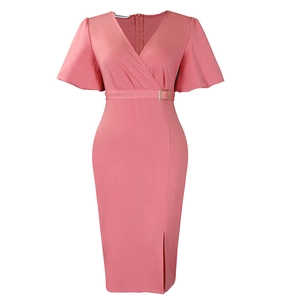 Detail of pink V-neck dress featuring flutter sleeves and a gold buckle belt