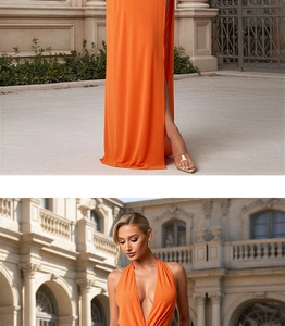 Détail d'une robe de soirée orange dos nu avec fente haute et décolleté plongeant en V