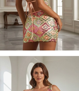 Macro detail of sequin two-piece set featuring colorful geometric patterns and open back design