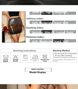Guide des tailles et conseils d'entretien pour jupe à paillettes avec détails du tissu