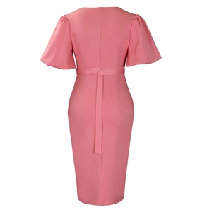Back view of pink V-neck midi dress with puff sleeves, waist tie, and hidden zipper detail