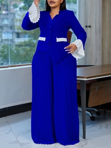 Women Flare Sleeve Pleated Top And Wide Leg Pants Elegant Top And Bottom Professional Office Outfit Plus Size Clothing