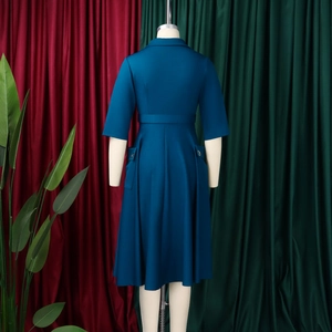 Vue arrière d'une robe bleu paon à manches mi-longues avec taille cintrée et jupe en ligne A