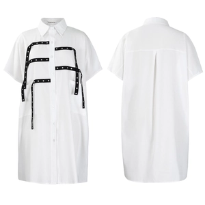 Front and back details of a white shirt dress with black rivet tape and button closure