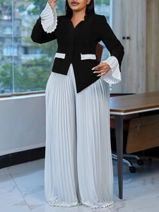 Women's professional two-piece set with black short blazer and white pleated wide-leg pants