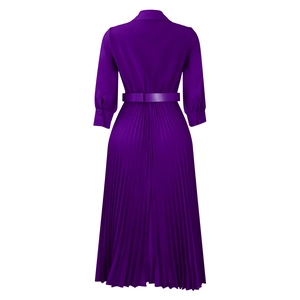 Rear view of long-sleeve purple pleated dress with waist belt and elegant collar detail