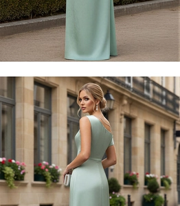 Détail de la robe de soirée asymétrique en satin vert menthe avec texture jacquard subtile