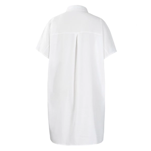 Rear view detail of white short-sleeve shirt dress featuring a classic collar and back pleat