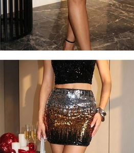 Ensemble pailleté avec haut noir et jupe dégradée argentée et dorée en décor de fête