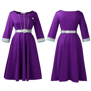 Detailed front and back view of purple dress with plaid belt and bow neckline
