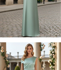 Détail de la robe de soirée en satin vert sauge avec épaule dénudée et taille froncée