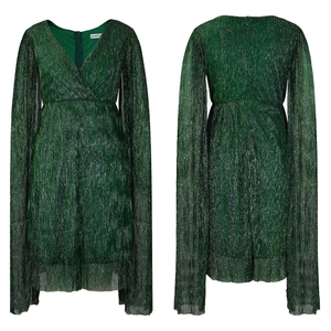 Detail of dark green shimmering dress featuring cape sleeves and metallic pleated texture